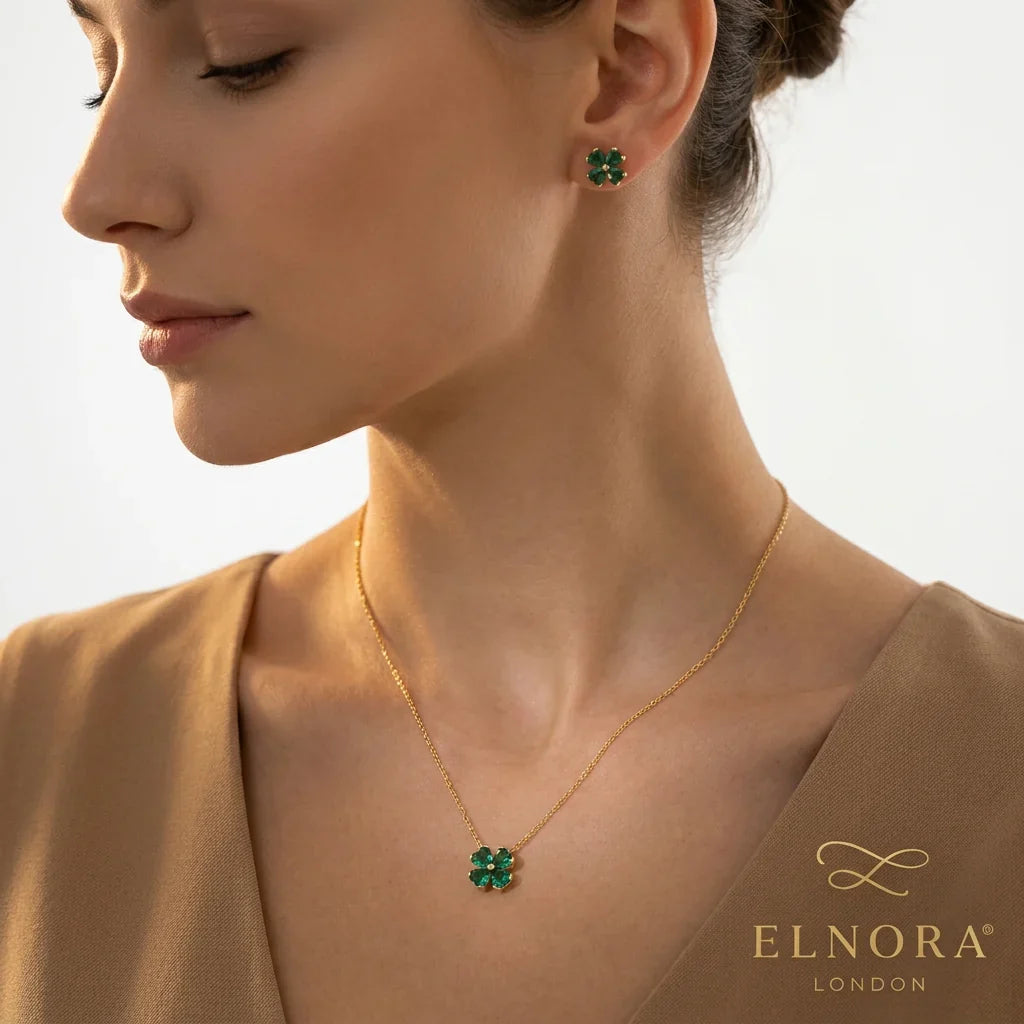 Emerald Lucky Clover Jewellery Set | 18K Gold PVD | Elnora London