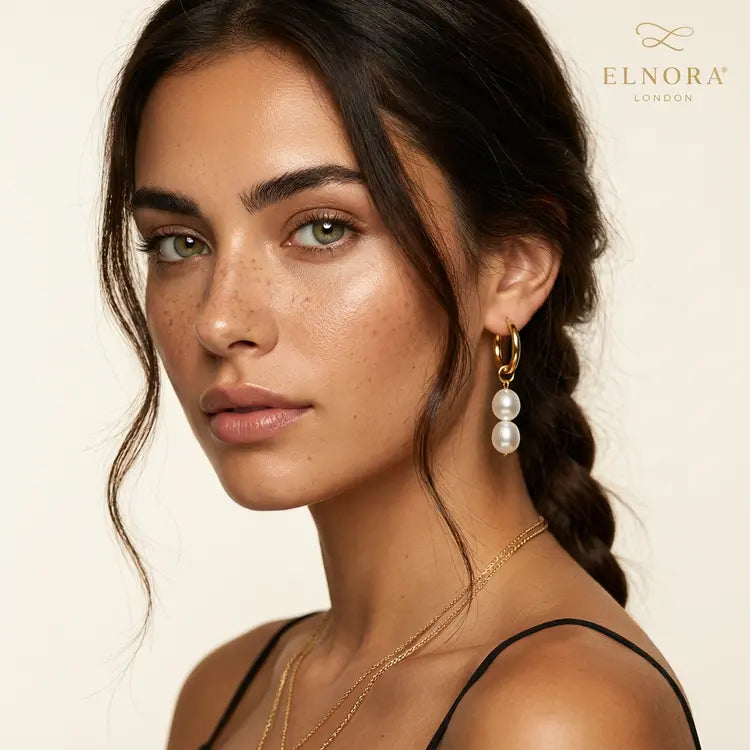 Pearl Hoop Earrings for Women UK | Luna Pearl Drop Hoops | Elnora London