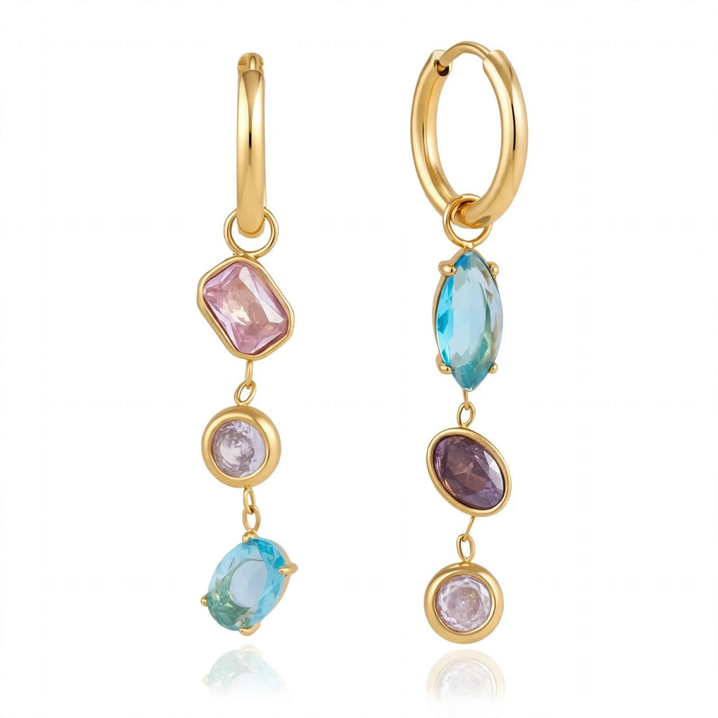 Aurora Prism Mismatched Drop Earrings with pink, purple and blue stones