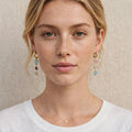Model wearing the Aurora Prism Mismatched Drop Earrings