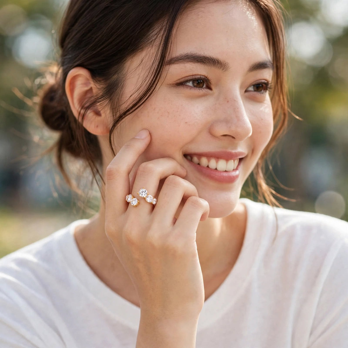 Model wearing the Celina Crystal Orbit Ring