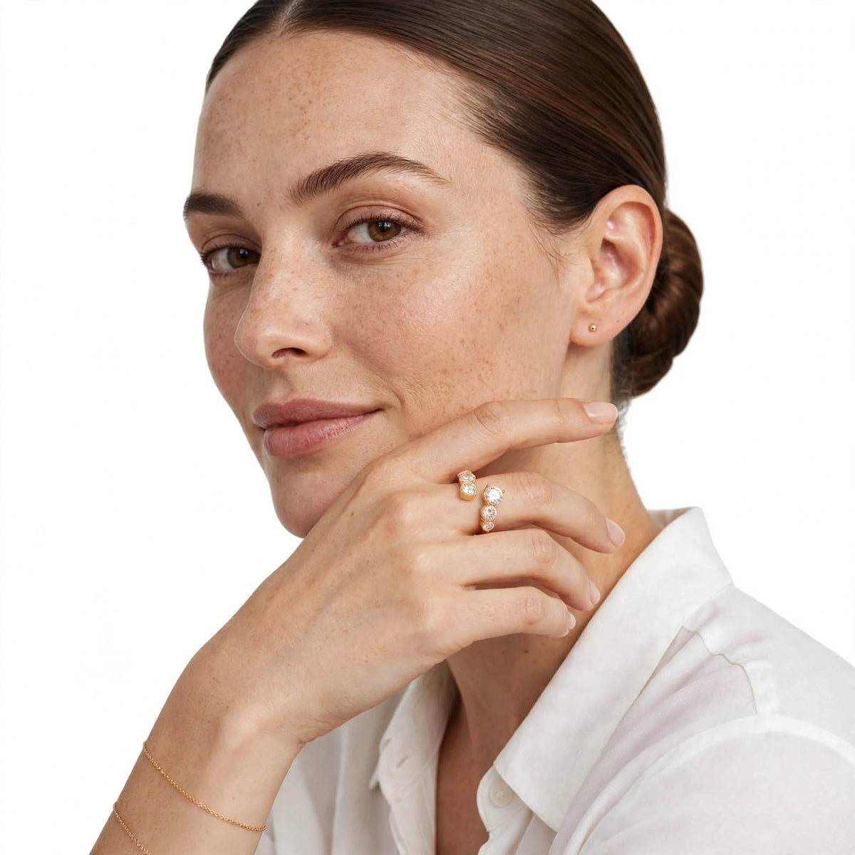 Model wearing the Celina Crystal Orbit Ring