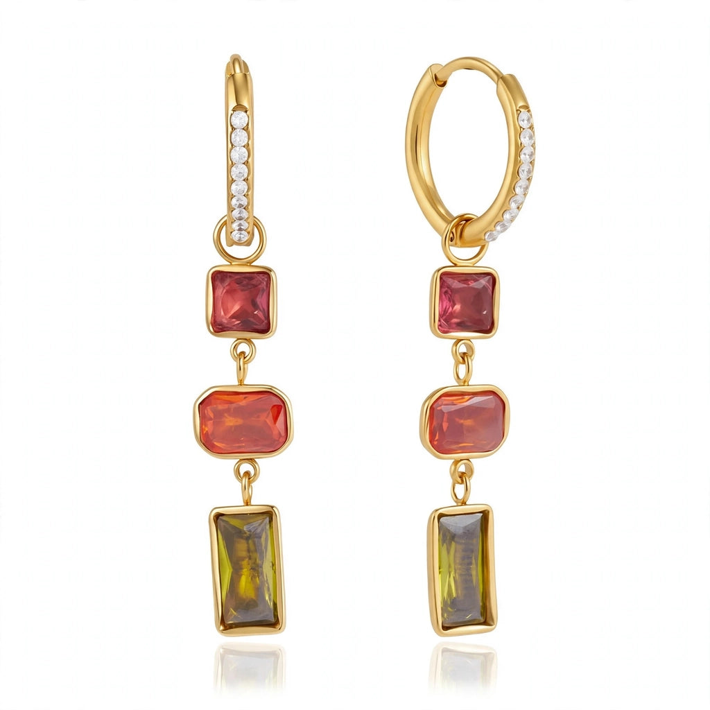 Elnora Ember Falls Huggie, gold hoops with pink and olive stone drops
