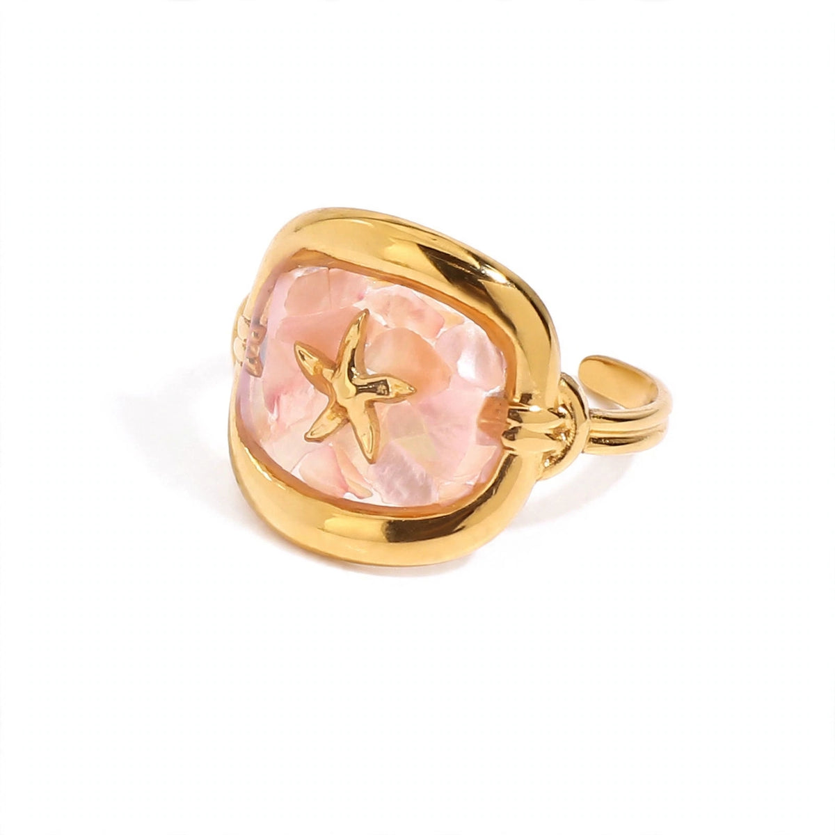 Lagoon Star Ring, gold ring with pink starfish stone