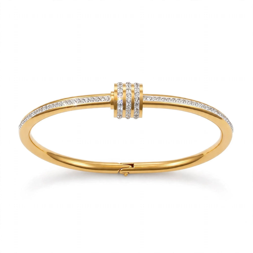 Liora Crystal Bangle, gold bangle with zircon bands, on a white background