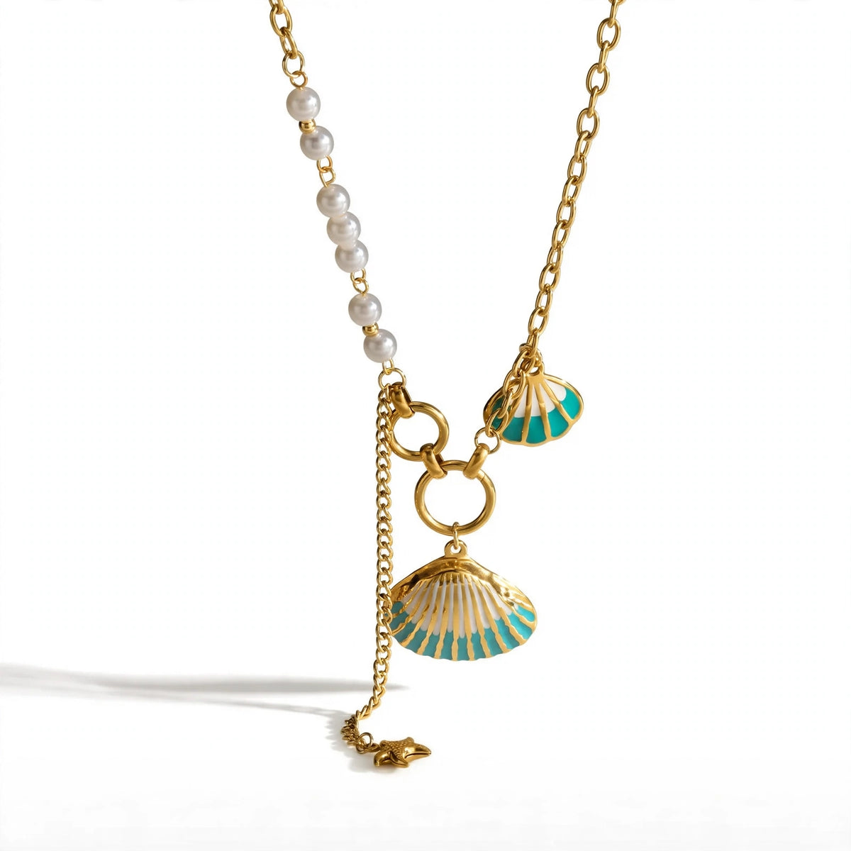 Pearl Cove Shell Necklace, pearl and gold chain with shell charms