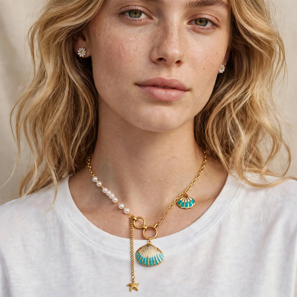 Model wearing the Pearl Cove Shell Necklace