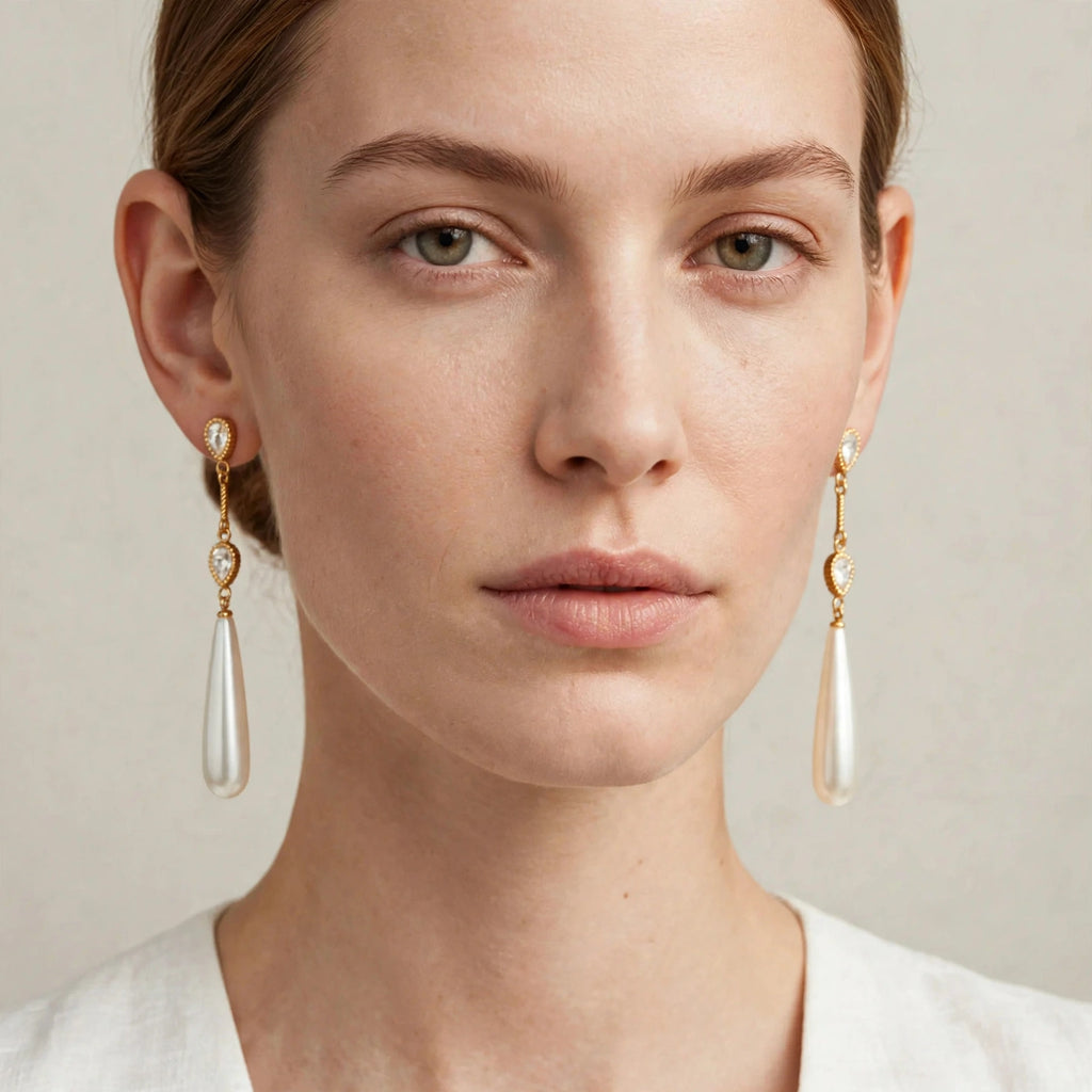 Model wearing the Seraphina Pearl Drop Earrings