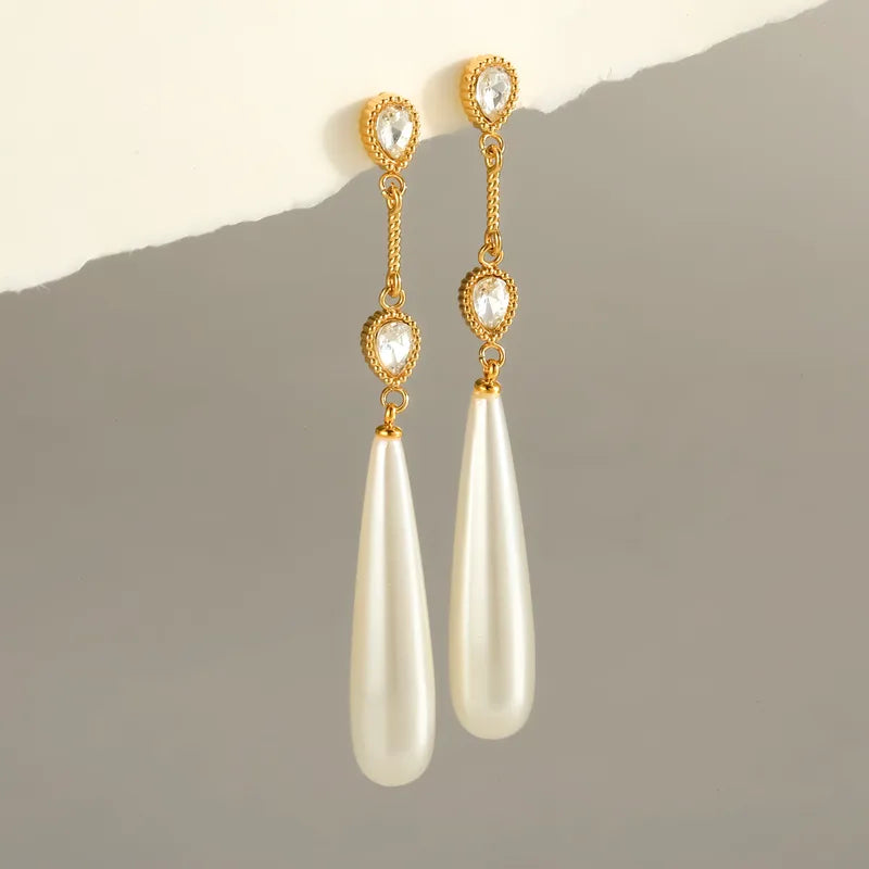 Seraphina Pearl Drop Earrings, long pearl drops with crystals