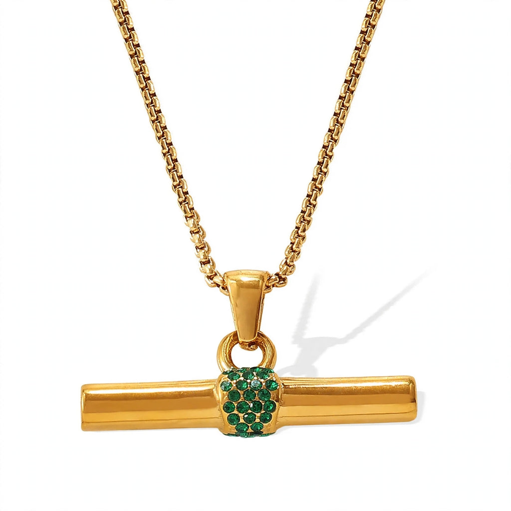 Verde T-Bar Necklace, gold T-bar pendant with green stones