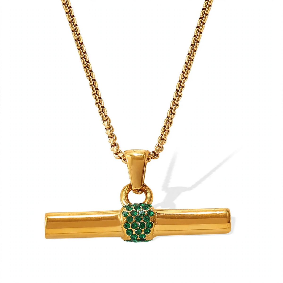 Verde T-Bar Necklace, gold T-bar pendant with green stones