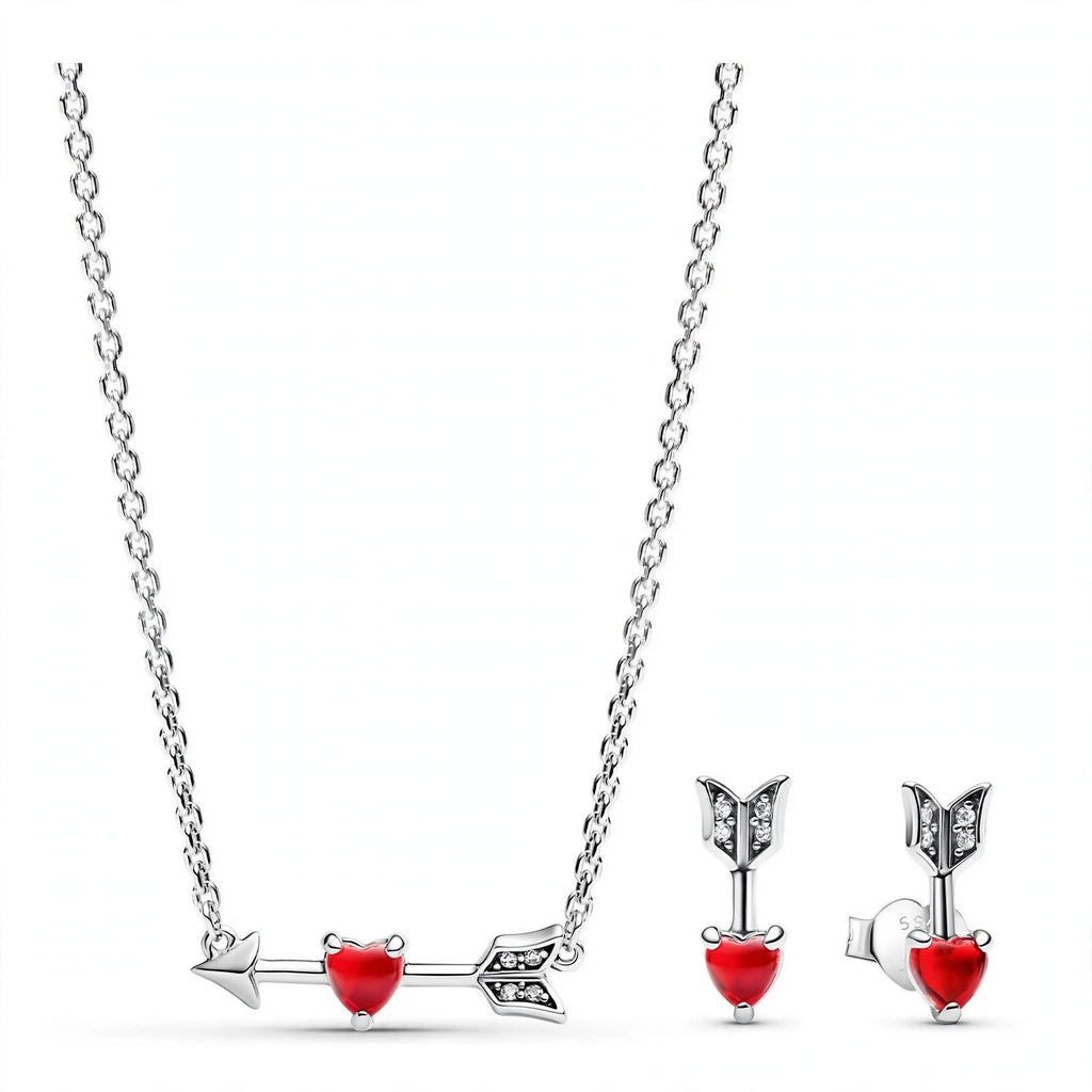 Amora Arrow Jewellery Set, silver-tone necklace and studs with red heart arrows