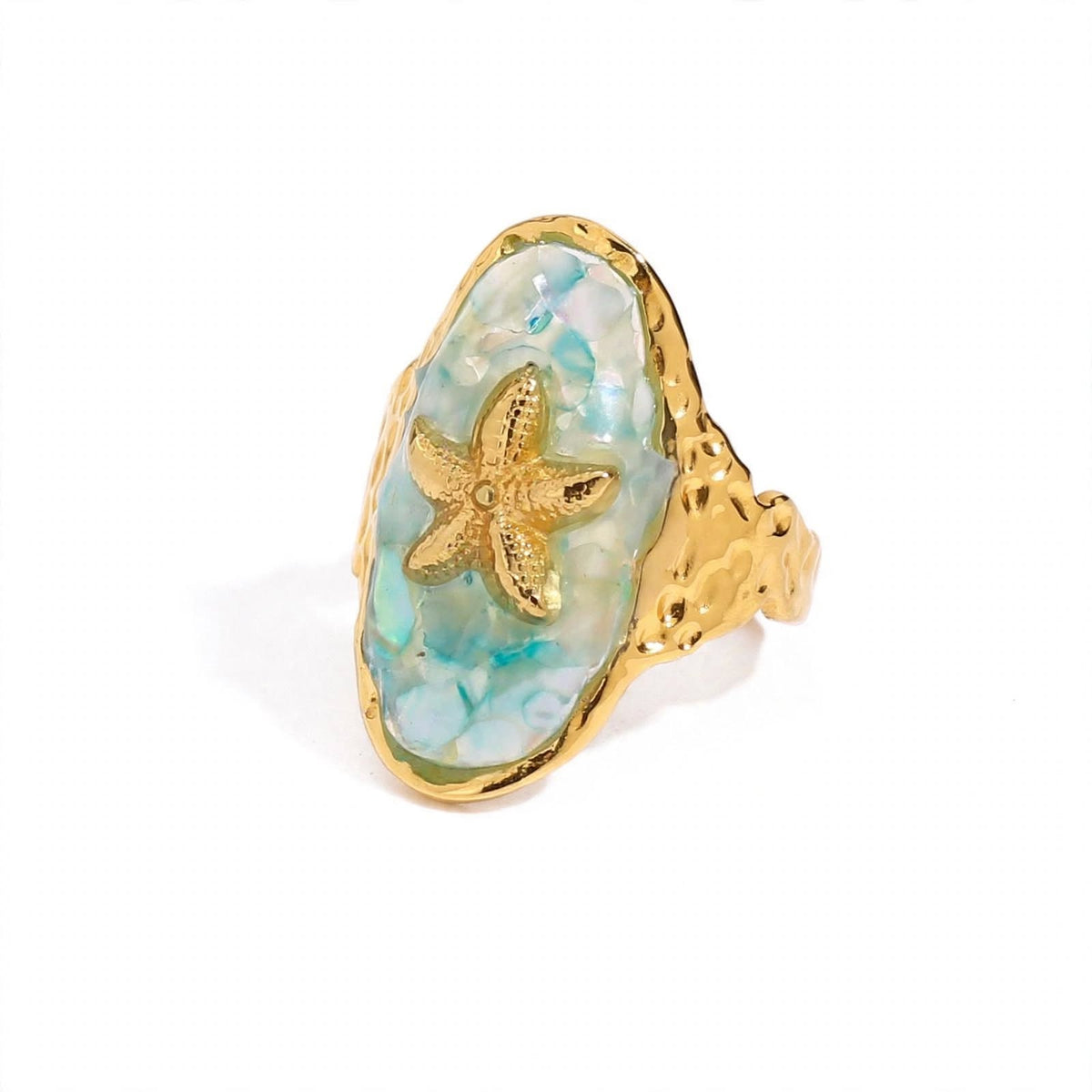 Maris Starfish Shell Open Ring, aqua stone with gold starfish